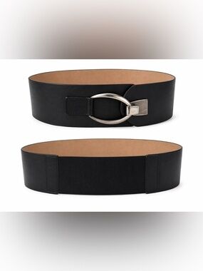 Wide Black Genuine Leather Belt w/ Silver Oval Buckle | Elastic Back | Size M/L